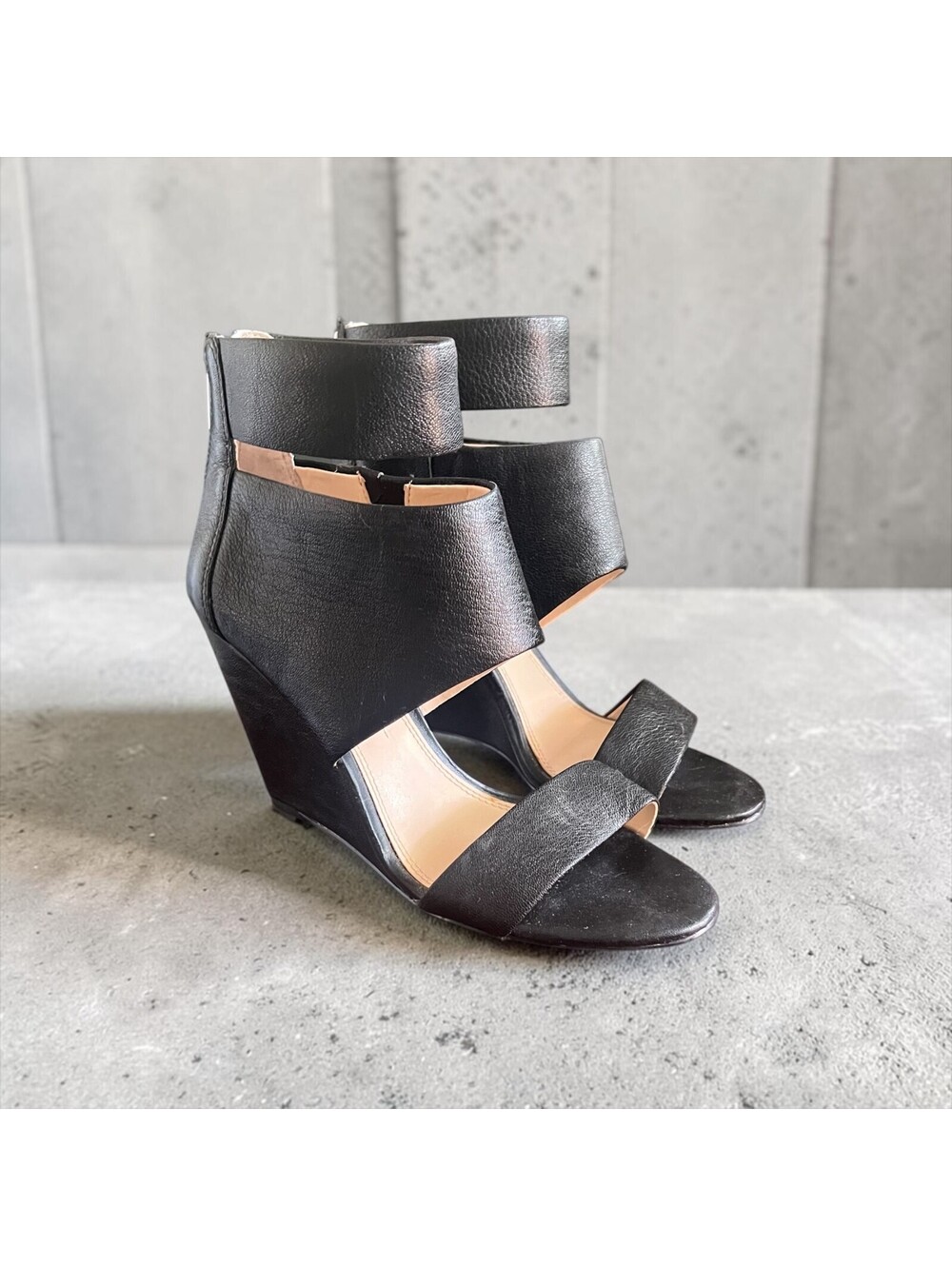 Women's Black Leather Wedge Sandals Ankle Cuff Open Toe Size 6.5 Back Zip